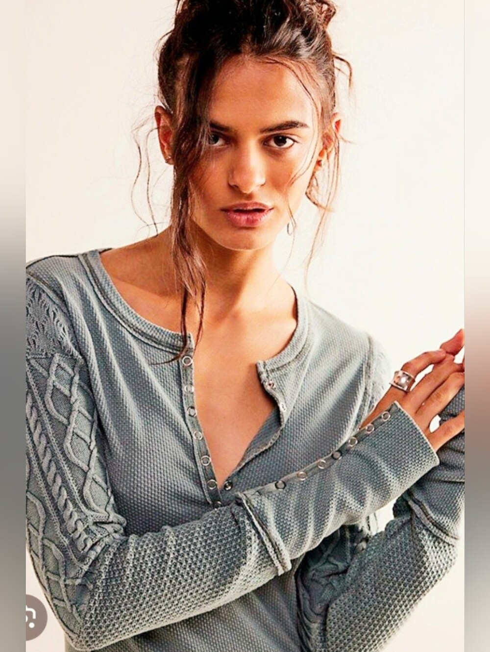 Free People We The Free Twisted Cable Cuff Thermal Henley Top - Light Gray